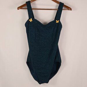 Upstream Vintage One Piece Swimsuit Sz 12 Teal Retro Butterfly 80s Pinup Swim